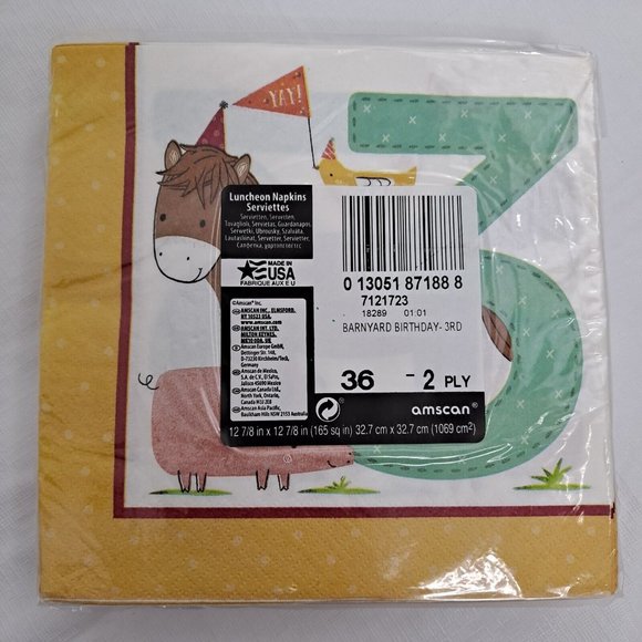 Third Birthday Barnyard Party Napkins Farm Animal Horse Chicken Pig Green 36 ct - Picture 3 of 5
